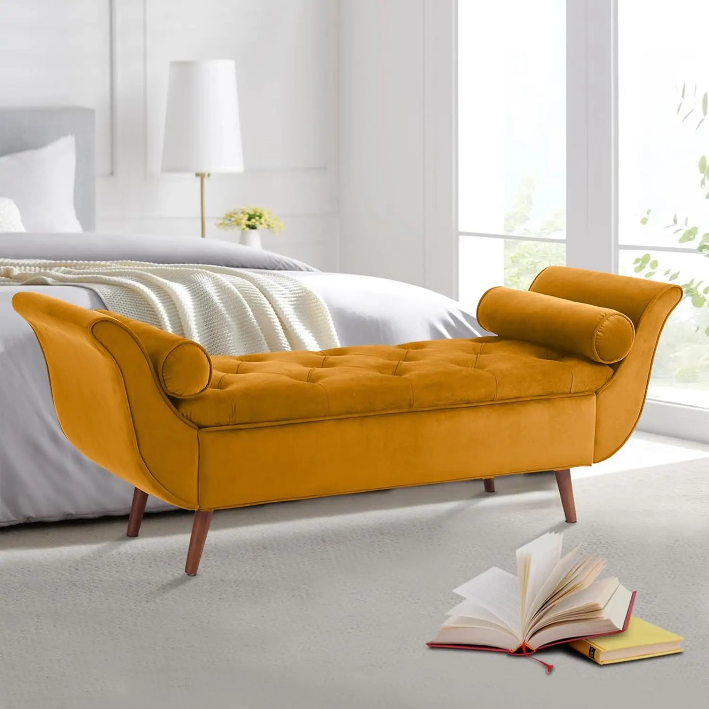 Storage Bench for Bedroom End of Bed, 65" Velvet Upholstered Rolled Armed Button Tufted Stool Bench, Storage Ottoman