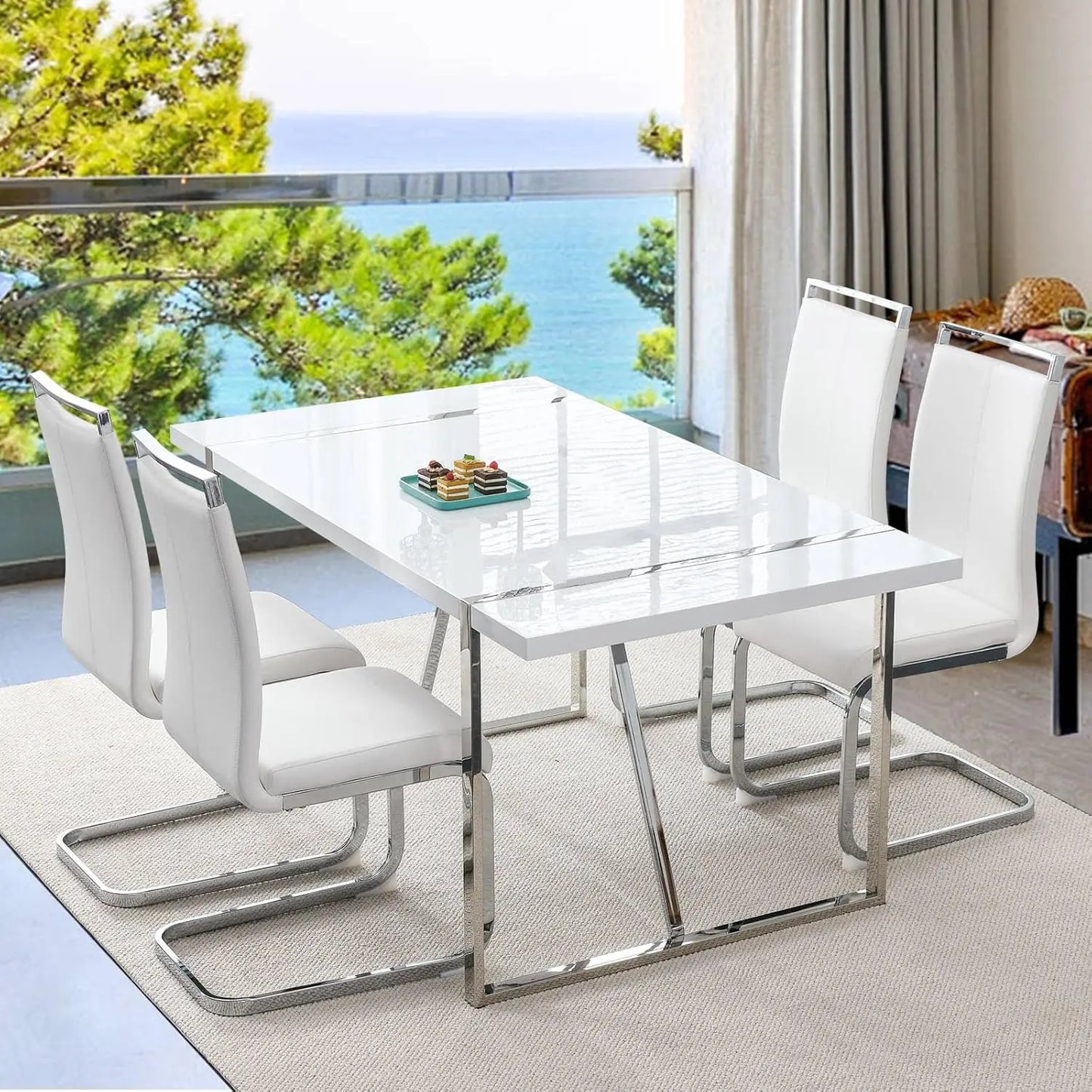 Dining Table Set, White Rectangular Kitchen Table and 4 Leather Dinner Chairs, Modern Metal Frame 5 Piece Dining Tables Sets