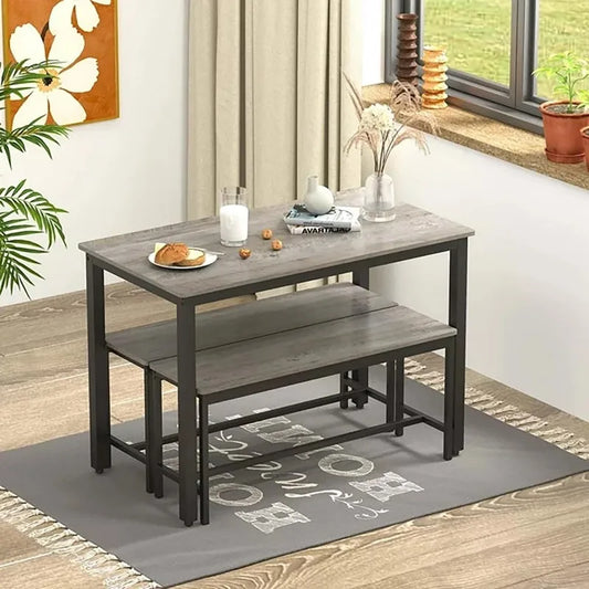 2025 Grey Dining Table Set for 4, Kitchen Room Table Set with 2 Benches, 3-Piece Dining Chairs Set for Breakfast Nook,