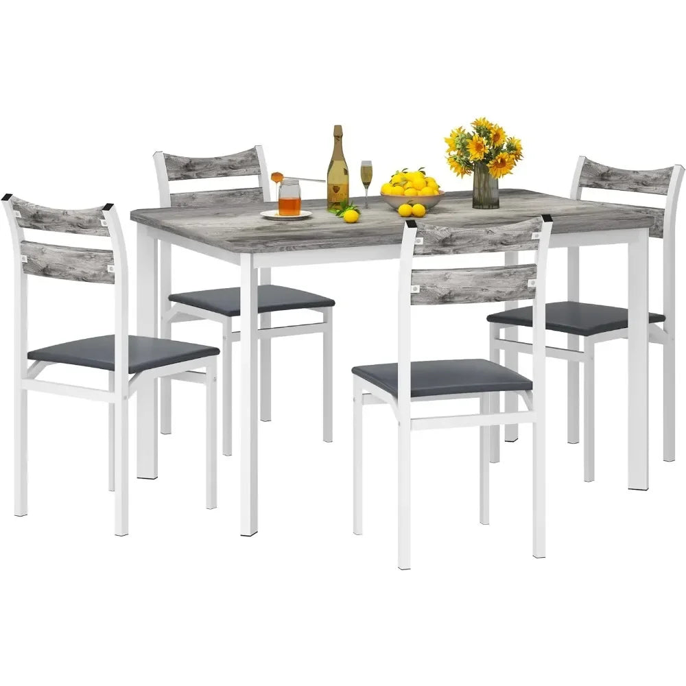 Dining table set, 43.3" dining table with 4 upholstered PU leather chairs, modern wooden 5-piece set kitchen table and chairs
