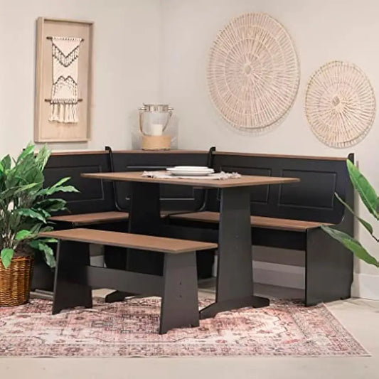 Black and Pecan Breakfast Dining Set Both corner benches lift up to reveal hidden storage compartments