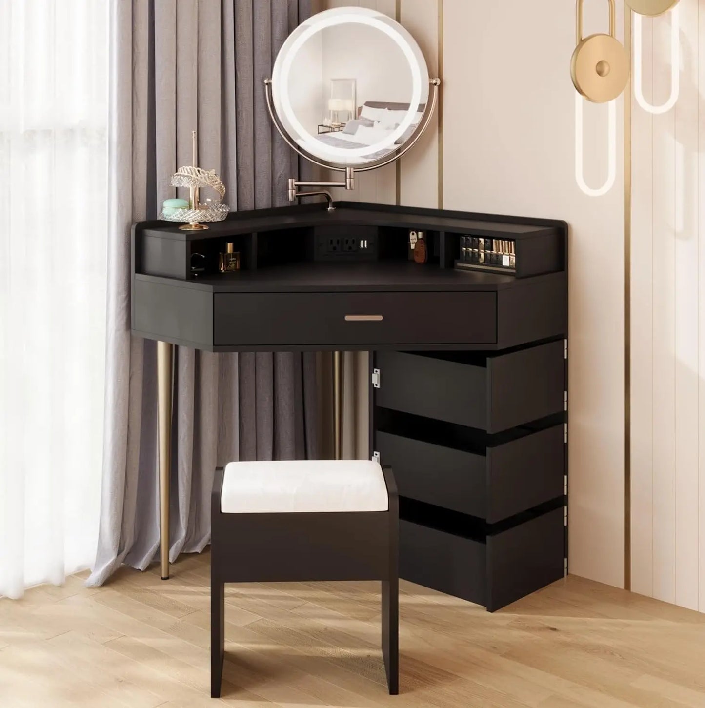 Corner Vanity Desk Makeup Vanity Table with Extendable Mirror and Lights Makeup Dressing Table with Drawers