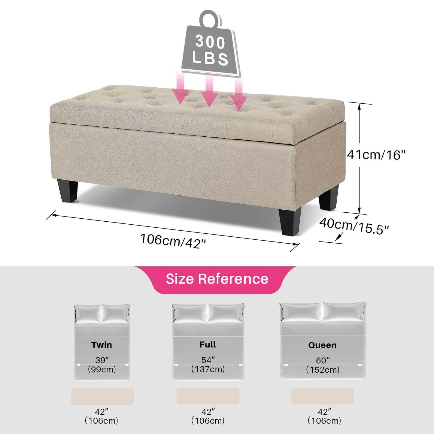 Redlife 42'' Storage Ottoman Bench, Tufted Entryway Bedroom Bench Footrest Stool w/ Flipping Lid Safety Hinge 66 L Storage Space