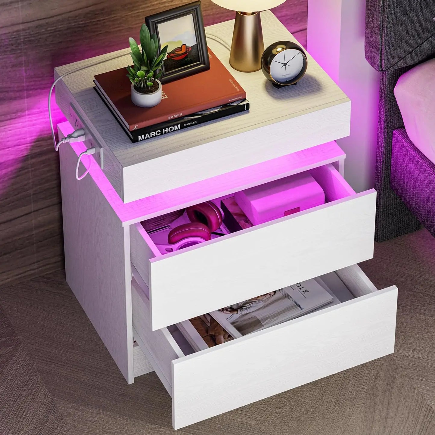 Night Stand with Charging Station, Modern Nightstand with LED Light and Drawers, Bedside Tables/End Table for Bedroom