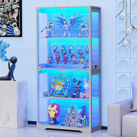 Display Cabinet, 4-Tier Curio Cabinet & Bookcase with 3 Color Light for Collectibles, Toys, Books, Glass Door Storage Cabinet