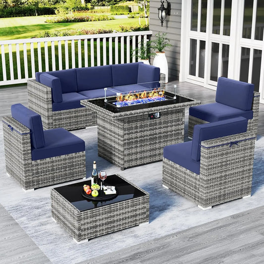 13 Pieces Outdoor Patio Furniture Set with 44" Fire Pit Table Brown Rattan Sectional Sofa Conversation Sets