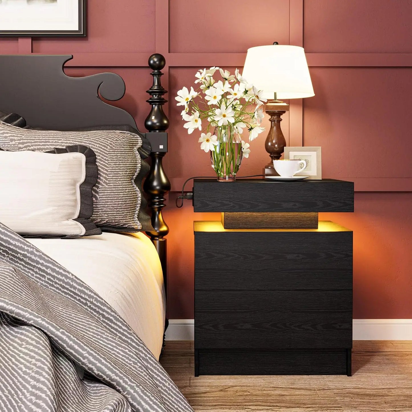 Night Stand with Charging Station, Modern Nightstand with LED Light and Drawers, Bedside Tables/End Table for Bedroom
