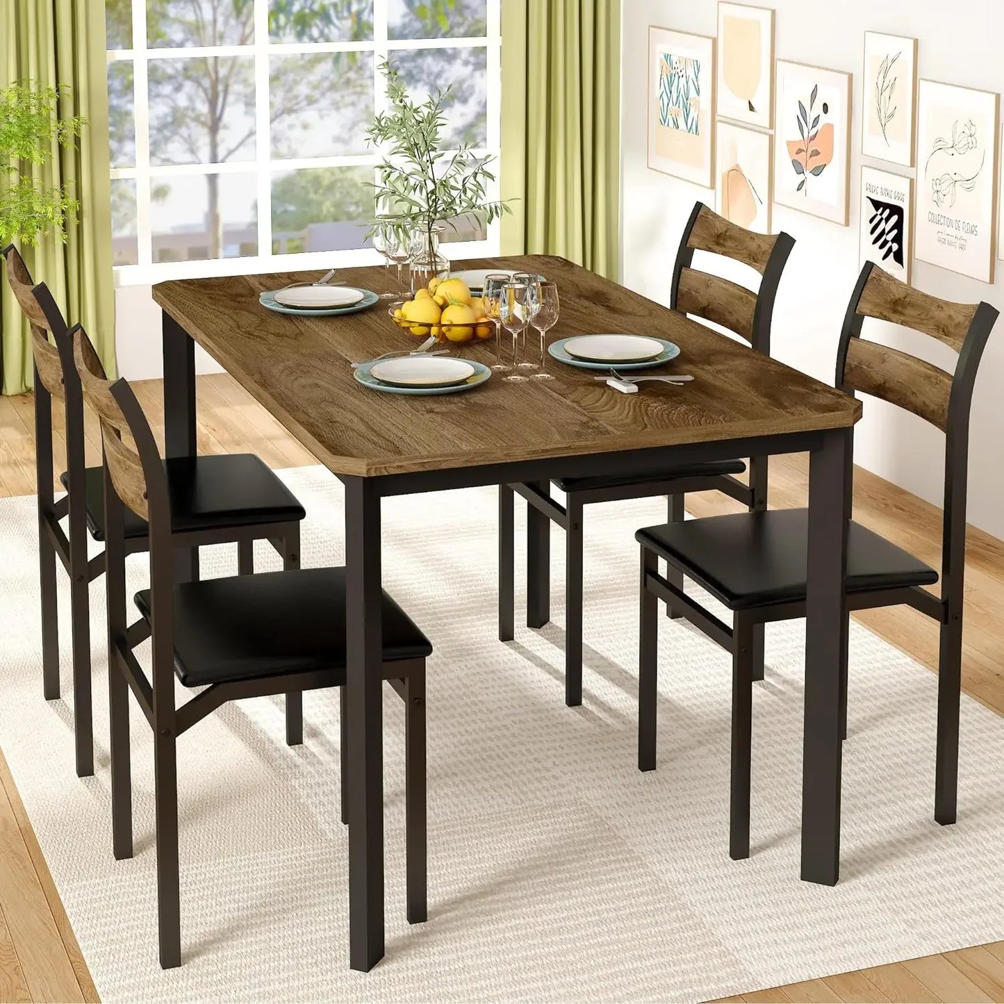 Dining table set, 43.3" dining table with 4 upholstered PU leather chairs, modern wooden 5-piece set kitchen table and chairs