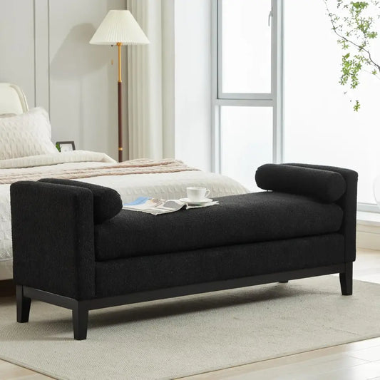 Upholstered 66.3" End of Bed Bench Long King Size Leather Ottoman Bench,Black