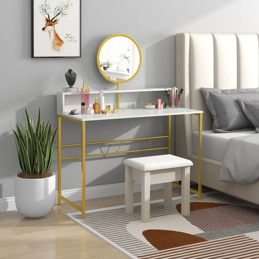 Elegant Marble Makeup Vanity Table W/ Open Storage & Round Mirror, White/Gold