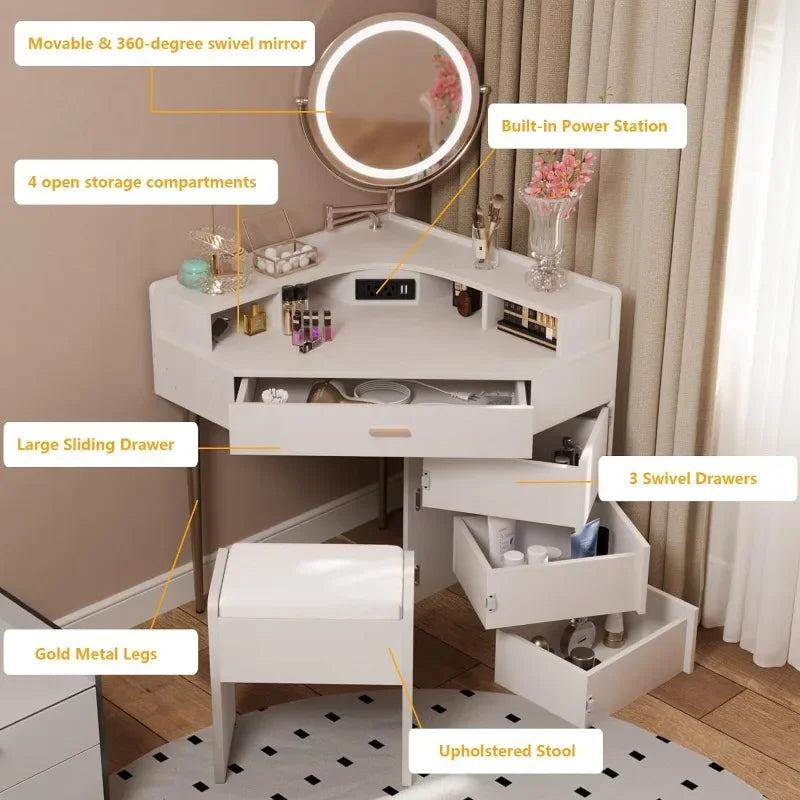 Corner Vanity Desk Makeup Vanity Table with Extendable Mirror and Lights Makeup Dressing Table with Drawers