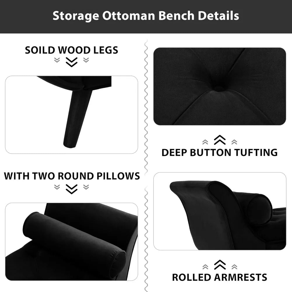 Storage Bench for Bedroom End of Bed, 65" Velvet Upholstered Rolled Armed Button Tufted Stool Bench, Storage Ottoman