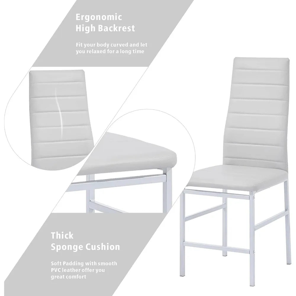 Round Glass Dining Table Set 5 Piece Round Silver Kitchen Table and White Chairs,Tempered Glass Table with 4 Faux Leather Chairs