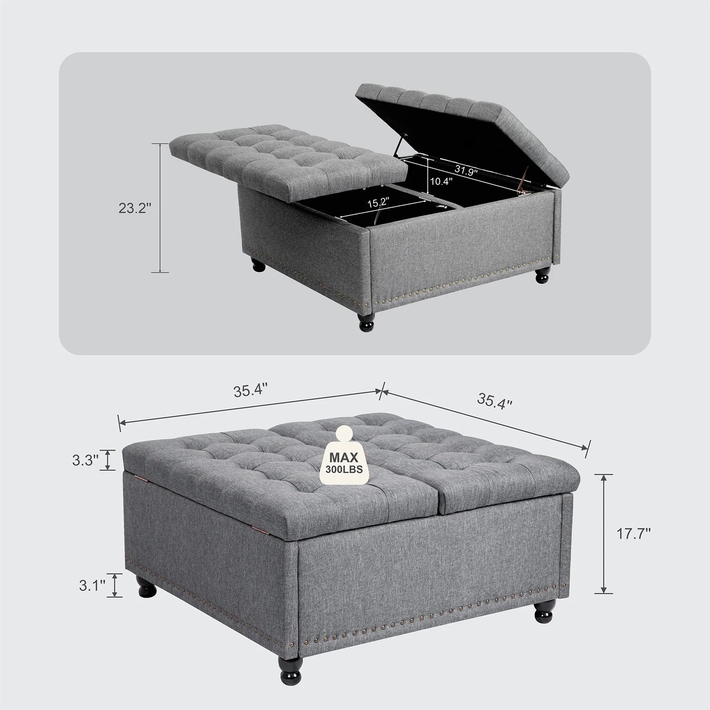 REDLIFE 35" Large Square Storage Ottoman Bench, Upholstered Coffee Table ,Lift Top Storage Ottoman Tufted Fabric for Living Room