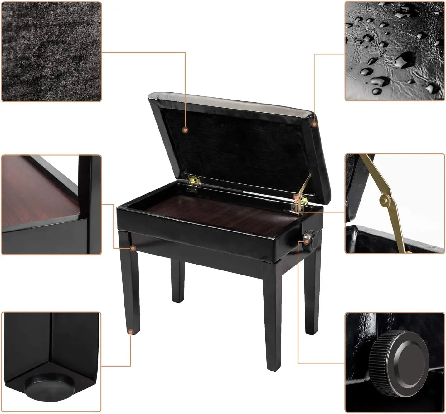 Comfort corner Adjustable Black Piano Bench with Storage Faux Leather Wooden Piano Stool with Padded Cushion