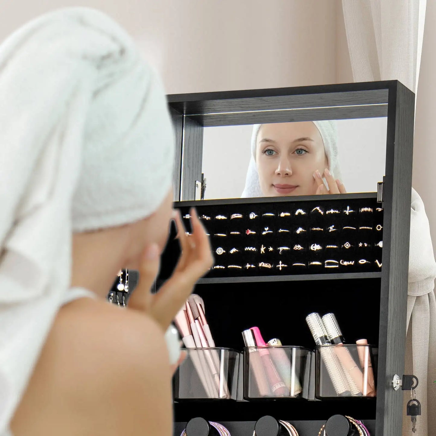 LED Mirror Jewelry Cabinet w/20 LED Lights Full-Length Mirror Adjustable Angles