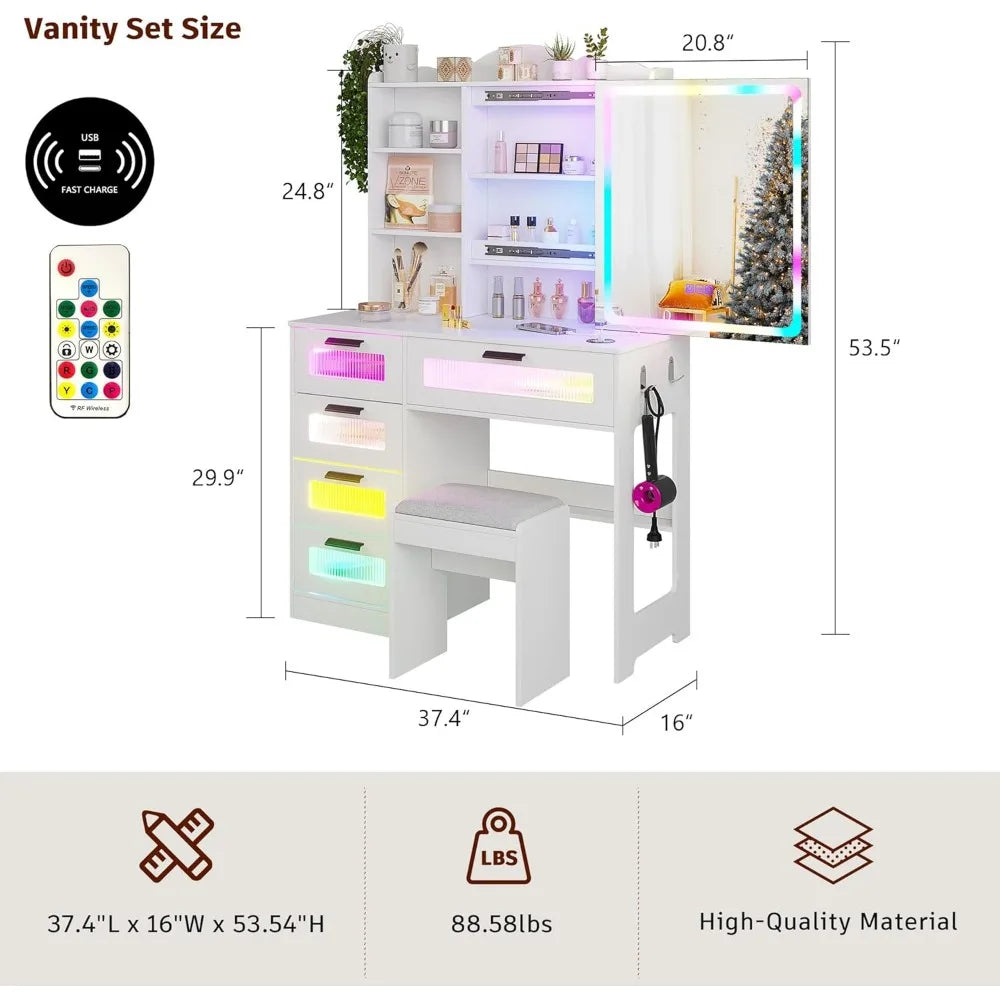 Vanity Desk with Mirror and Lights, RGB LED Vanities Desk with Charging Station, Vanity Table with Stool & Sliding Touch Mirror