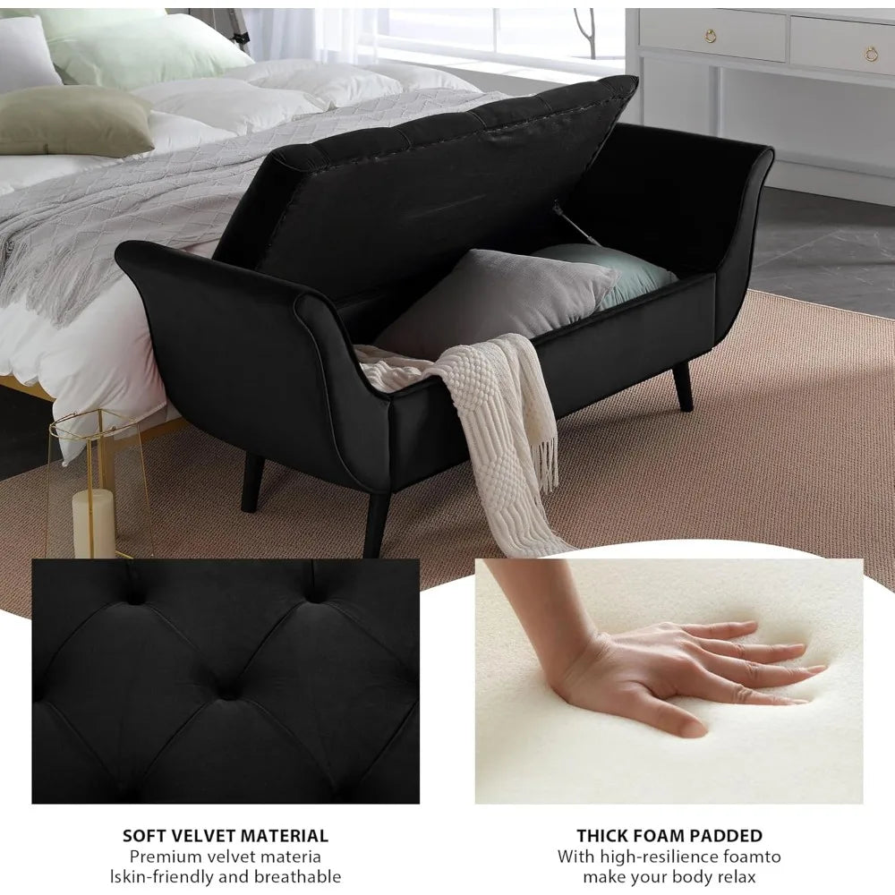 Storage Bench for Bedroom End of Bed, 65" Velvet Upholstered Rolled Armed Button Tufted Stool Bench, Storage Ottoman