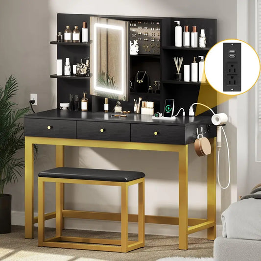 Upgraded Wider Makeup Vanity with Adjustable 3 Color Lighted Mirror, Black Vanity Desk w/Charger Station, Plus Large Vanity