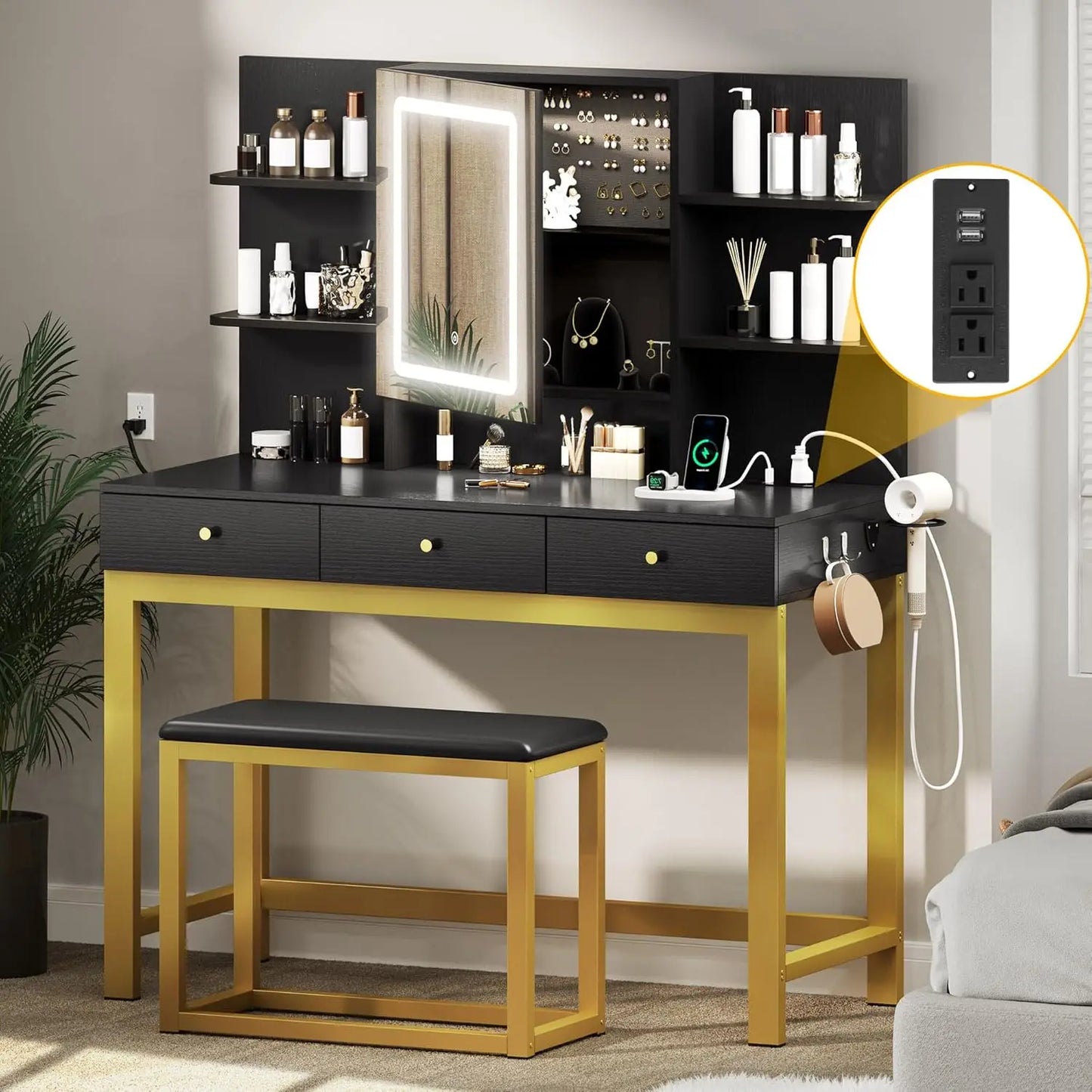 Upgraded Wider Makeup Vanity with Adjustable 3 Color Lighted Mirror, Black Vanity Desk w/Charger Station, Plus Large Vanity