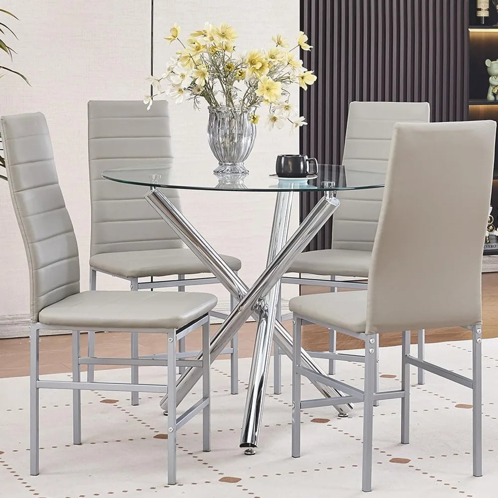 Round Glass Dining Table Set 5 Piece Round Silver Kitchen Table and White Chairs,Tempered Glass Table with 4 Faux Leather Chairs