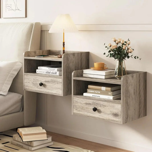 Floating Nightstand Set of 2 with Charging Station and Drawer Small Bedside End Table with Outlet Modern Floating Night Sta