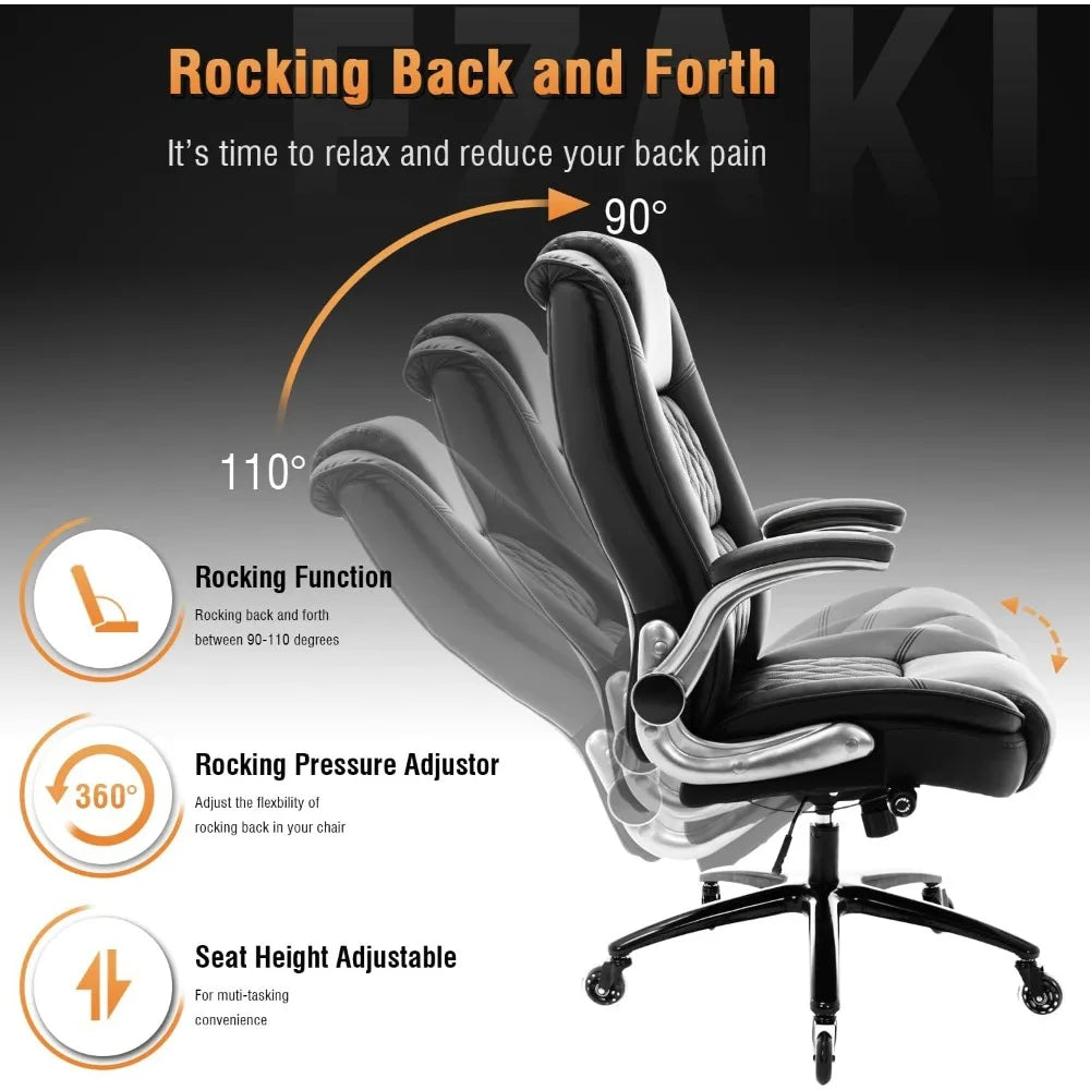 High Back Office Chair- Flip Arms Adjustable Built-in Lumbar Support, Executive Computer Desk Chair Work Chairs, Thick Padded