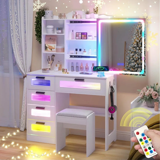 Vanity Desk with Mirror and Lights, RGB LED Vanities Desk with Charging Station, Vanity Table with Stool & Sliding Touch Mirror