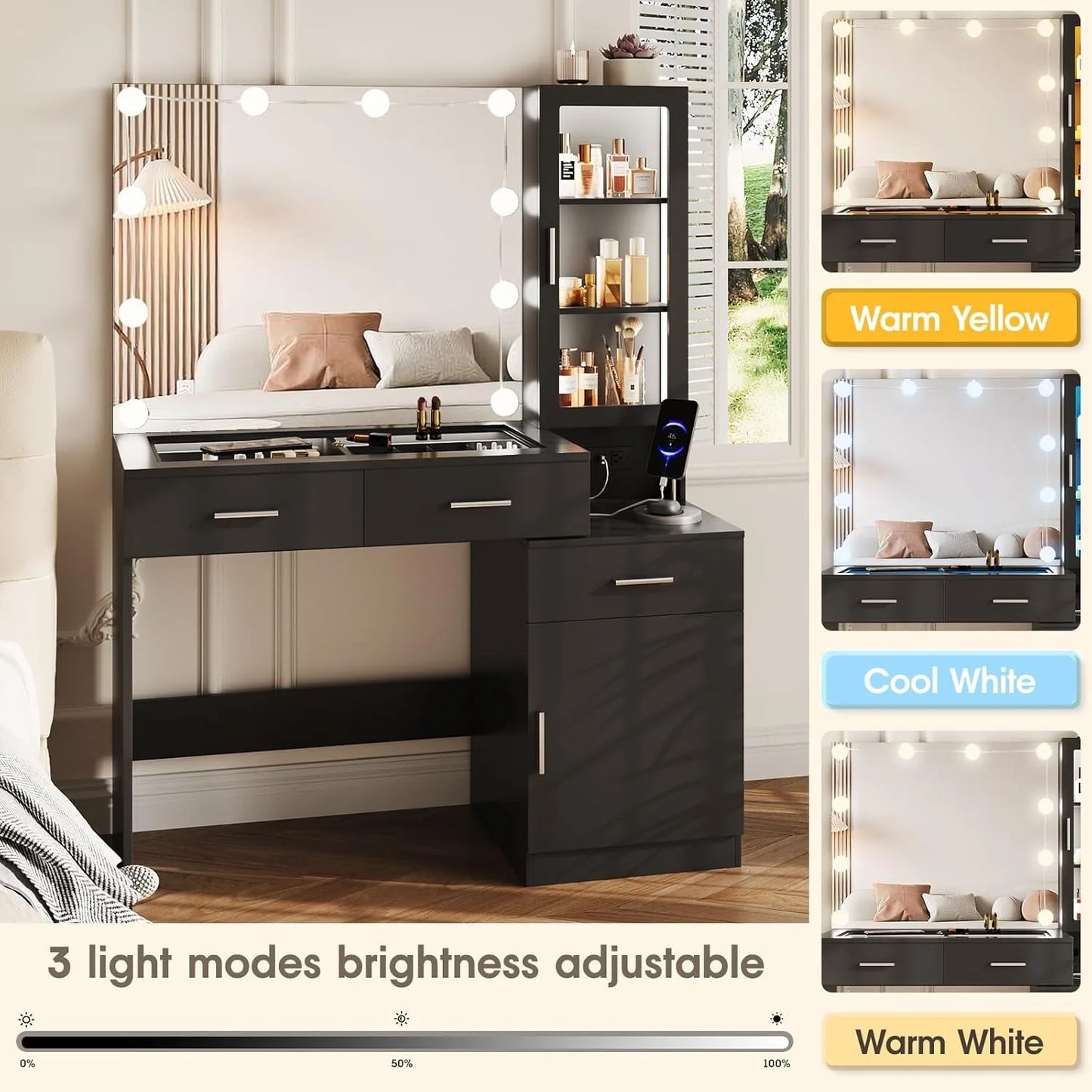 43in Glass Top Vanity with Mirror and Lights,Makeup Vanity Desk with Charging Station with RGB Lights ，3 Lighting Modes