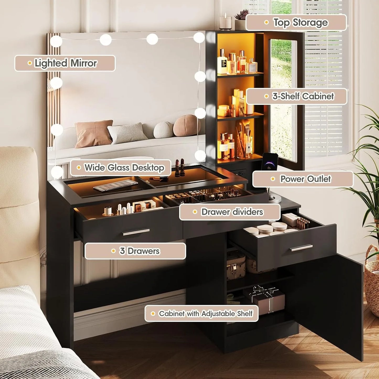43in Glass Top Vanity with Mirror and Lights,Makeup Vanity Desk with Charging Station with RGB Lights ，3 Lighting Modes