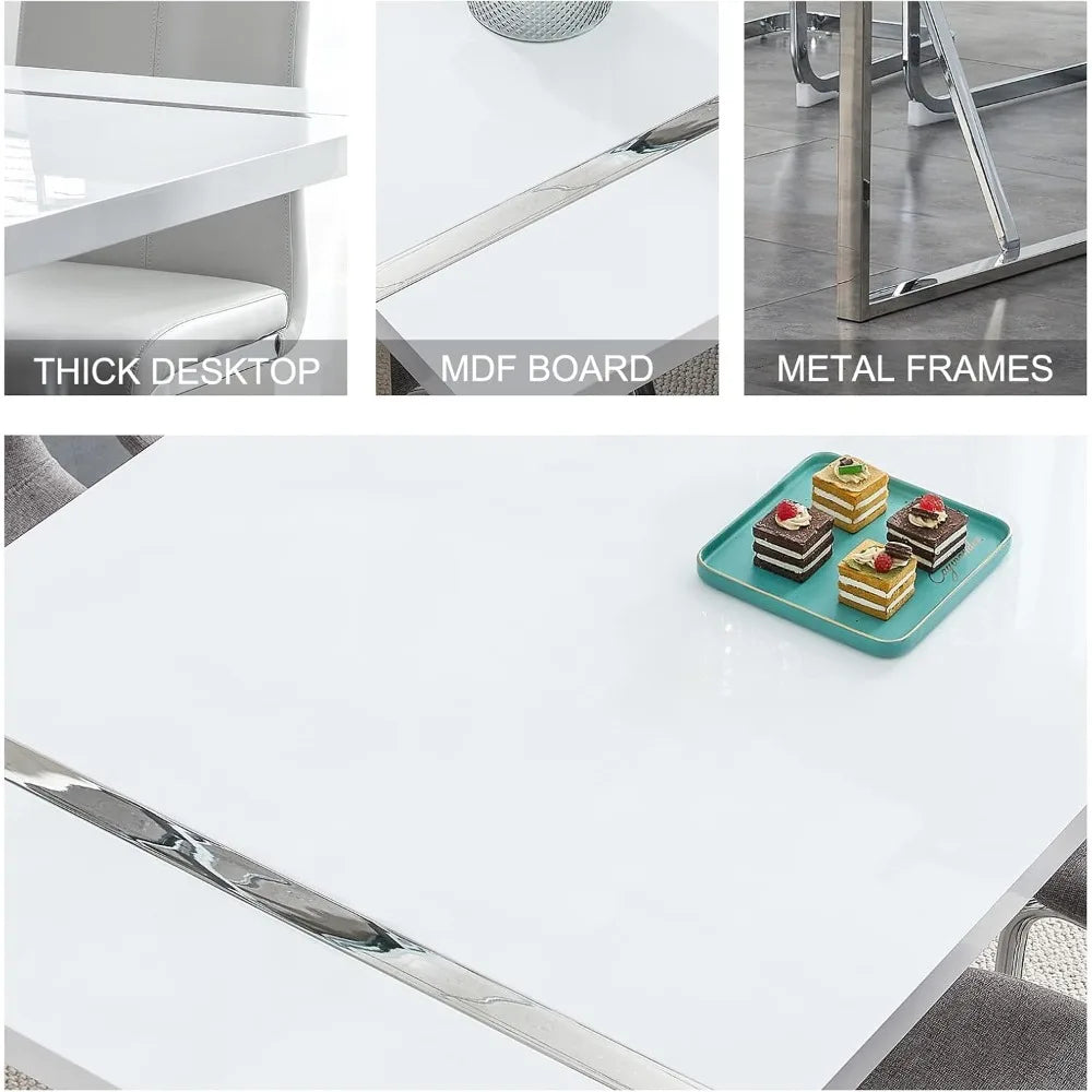 Dining Table Set, White Rectangular Kitchen Table and 4 Leather Dinner Chairs, Modern Metal Frame 5 Piece Dining Tables Sets