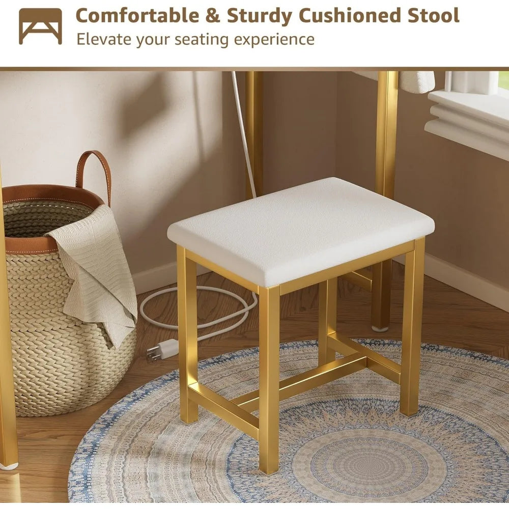 White Makeup Vanity Desk with Lights - 40“ Vanitys with Lighted Mirror & Power Outlet,with Chair, for Girls Bedroom, Gold
