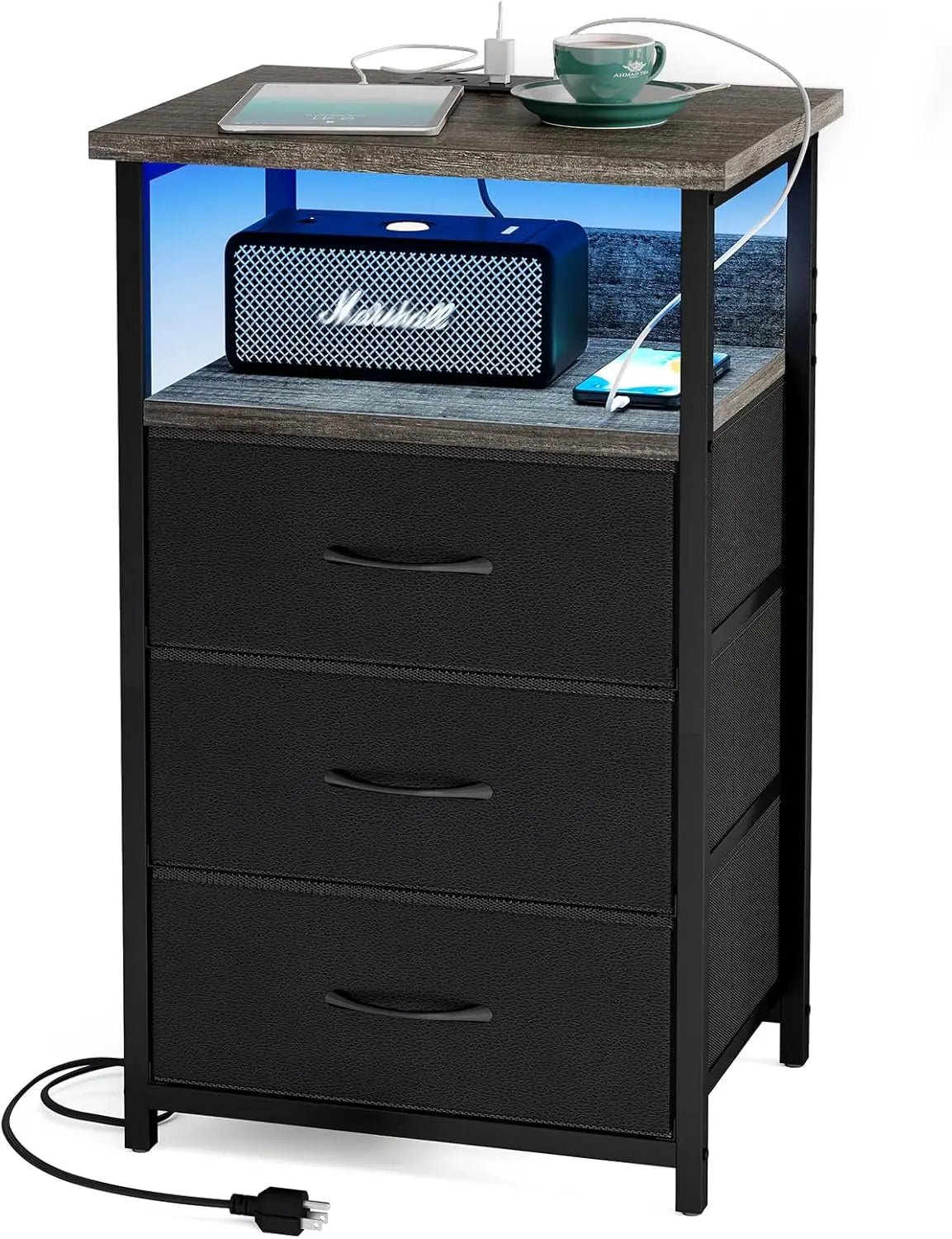 Tall Nightstand with Charging Station and LED Lights, Night Stand with PU Finish Fabric Storage Drawers,3 Drawers