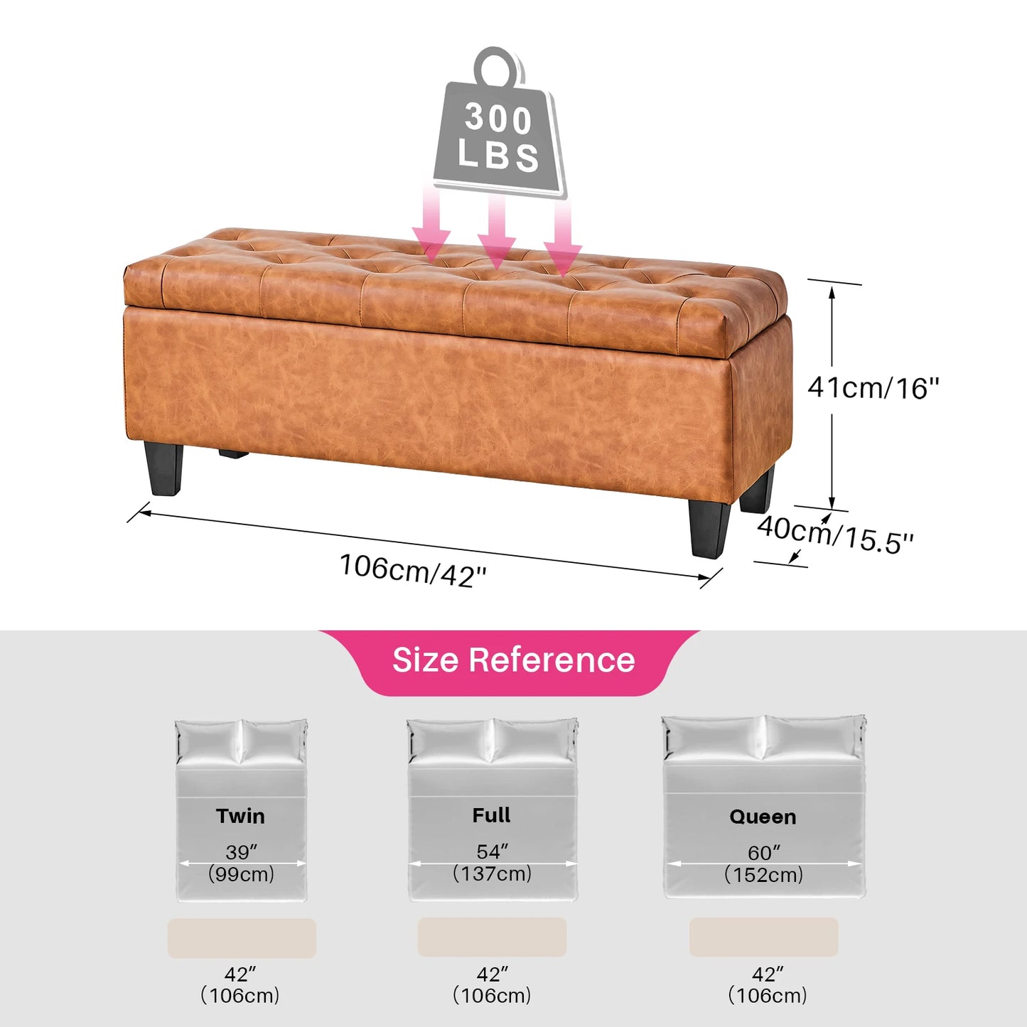 Redlife 42'' Storage Ottoman Bench, Tufted Entryway Bedroom Bench Footrest Stool w/ Flipping Lid Safety Hinge 66 L Storage Space