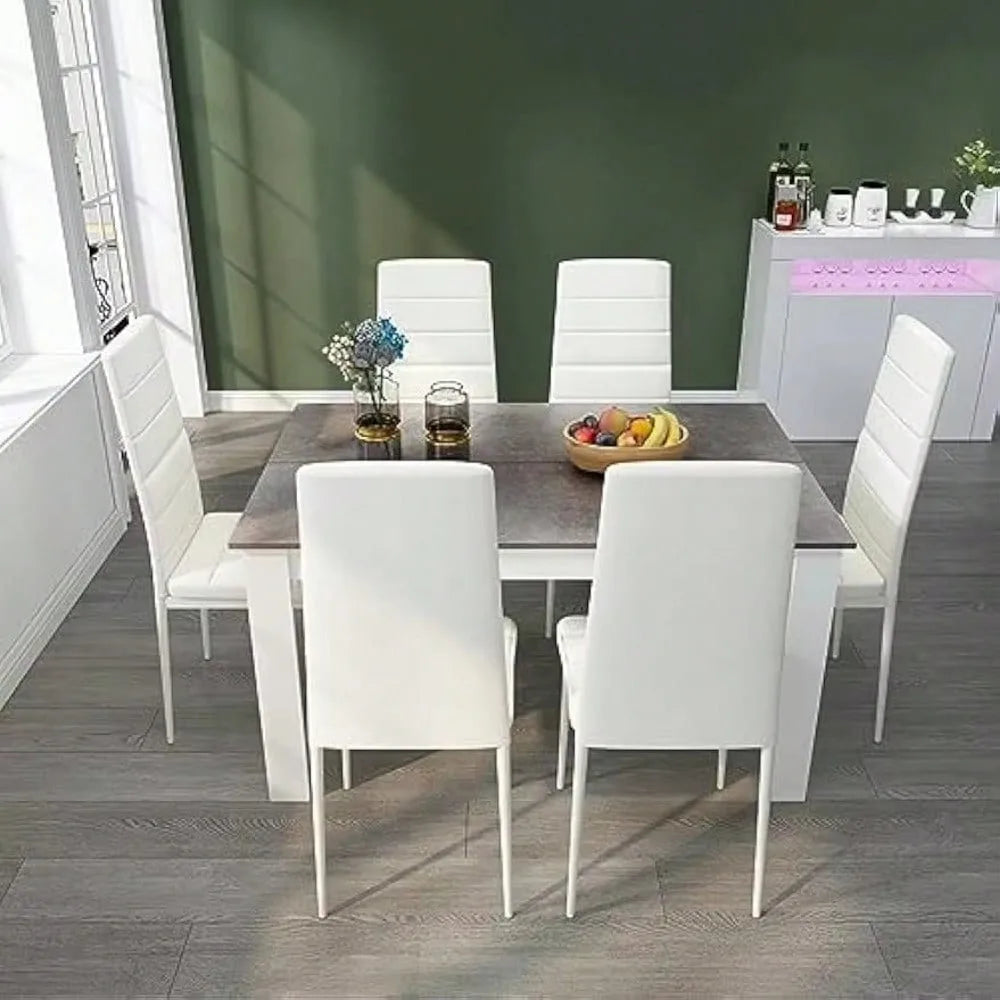 Dining Table And Chairs Set 6, 7 Pieces Kitchen Table Set With High Back Faux Leather Chair For Dining Room Kitchen Rectangular