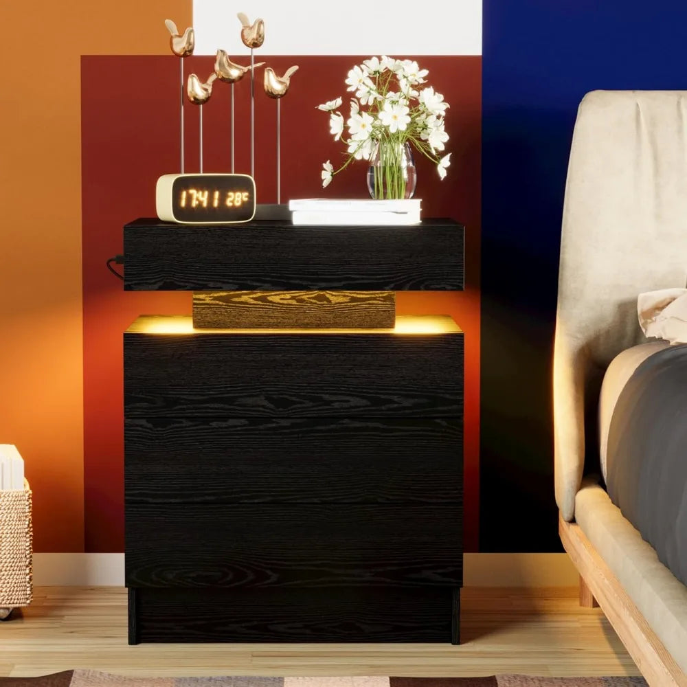 Nightstand with Charging Station, Modern Black Nightstand with LED Light and 3 Drawers, Bedside Tables/End Table for Bedroom