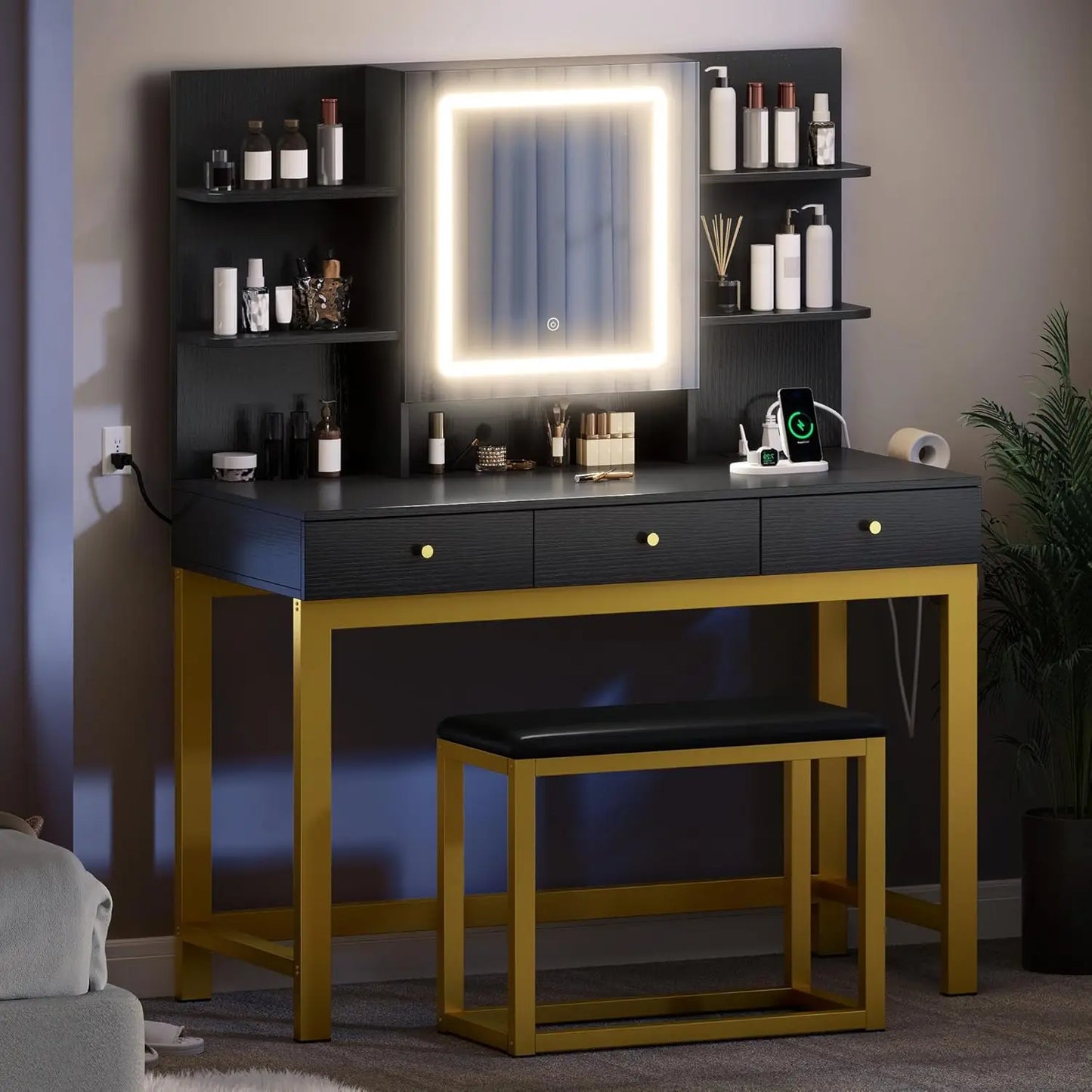 Upgraded Wider Makeup Vanity with Adjustable 3 Color Lighted Mirror, Black Vanity Desk w/Charger Station, Plus Large Vanity