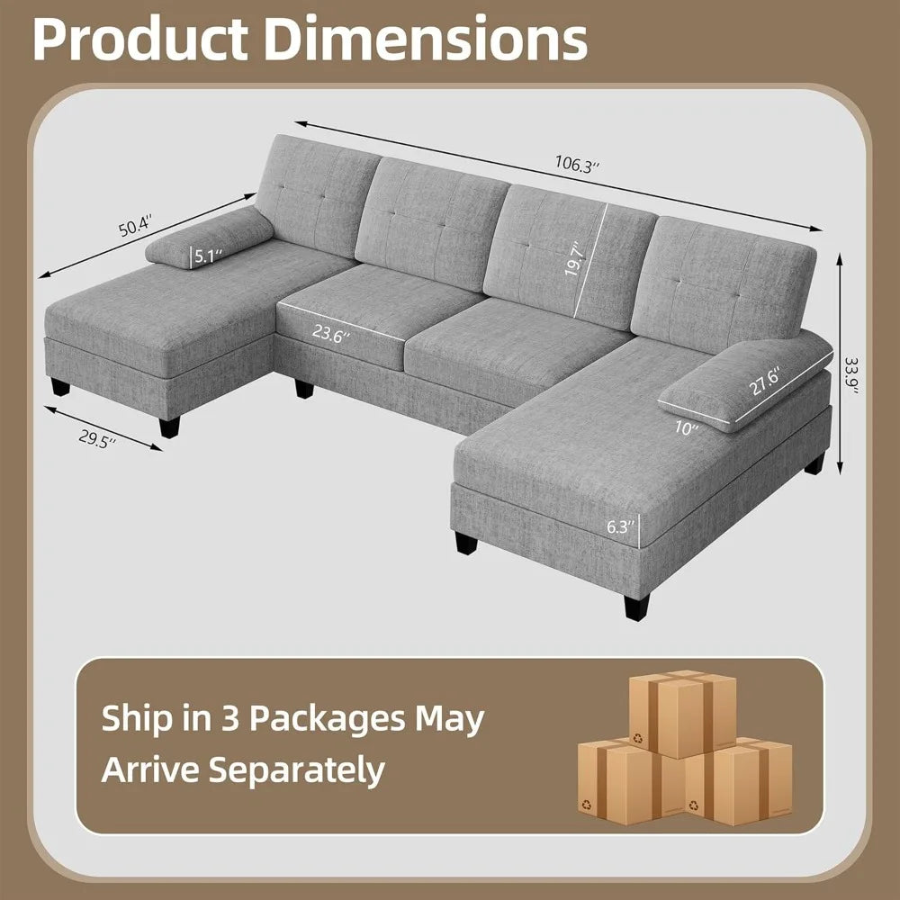 Sectional Couches for Living Room, U-Shaped Sofa Couch with Double Chaise, 4 Seat Sofa Set Modular Sofa Couch for Apartment