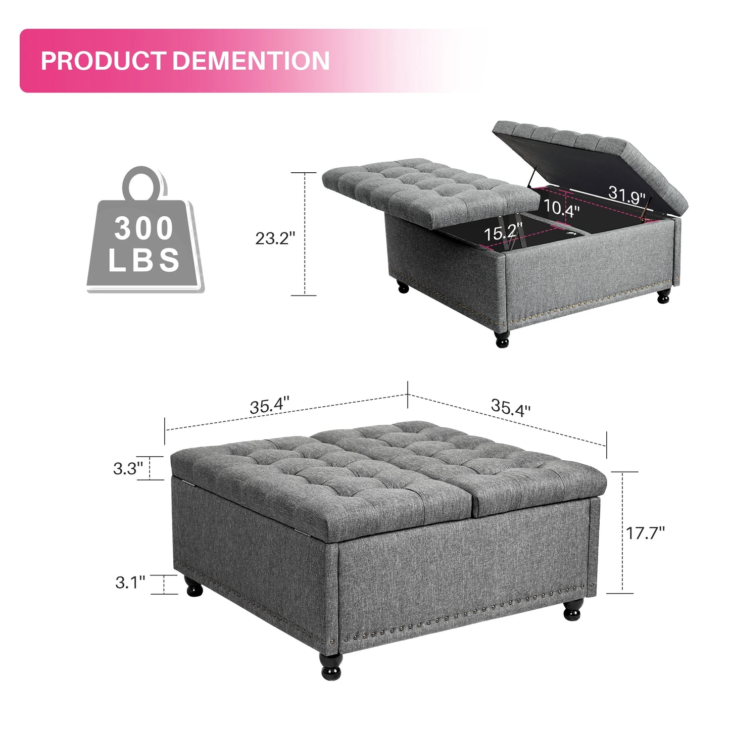 REDLIFE 35" Large Square Storage Ottoman Bench, Upholstered Coffee Table ,Lift Top Storage Ottoman Tufted Fabric for Living Room