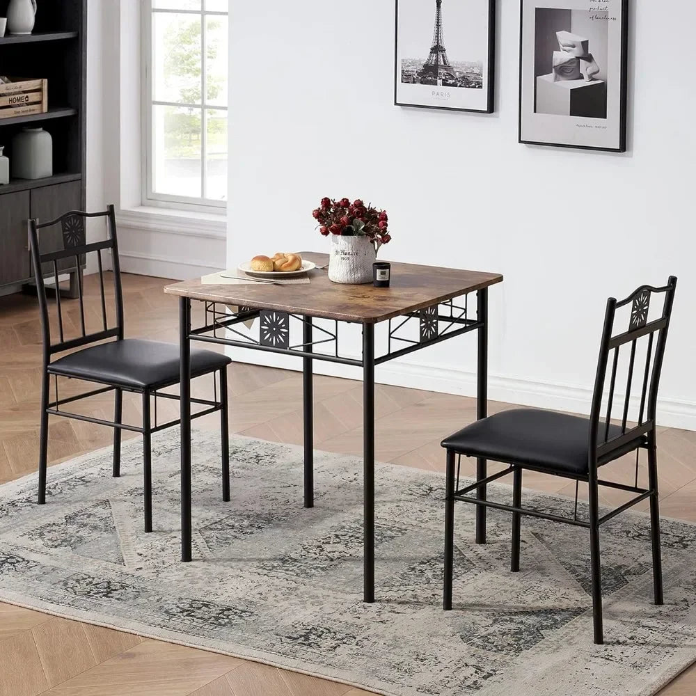 Dining table, 2/3-piece kitchen bar small dining table, equipped with PU padded chairs, retro brown, dining table