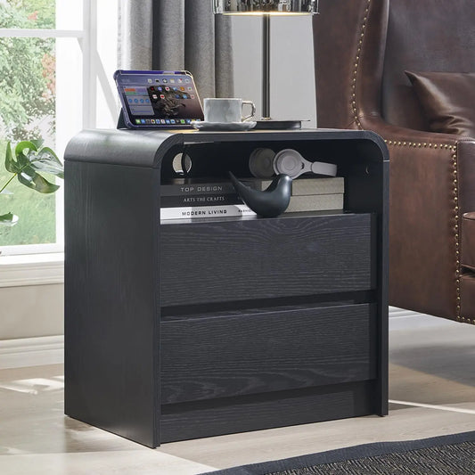 25" Tall Modern Nightstand with Charging Station, 23.6'' Wide Wood Bedside Table w/2 Storage Drawers,for Bedroom, Living Room