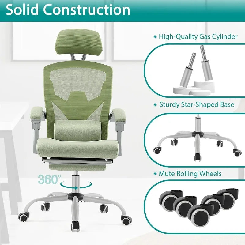 Home Office Desk Chair with Footrest, High-Back Mesh Rolling Swivel Reclining Chairs with Wheels, Comfortable Headrest