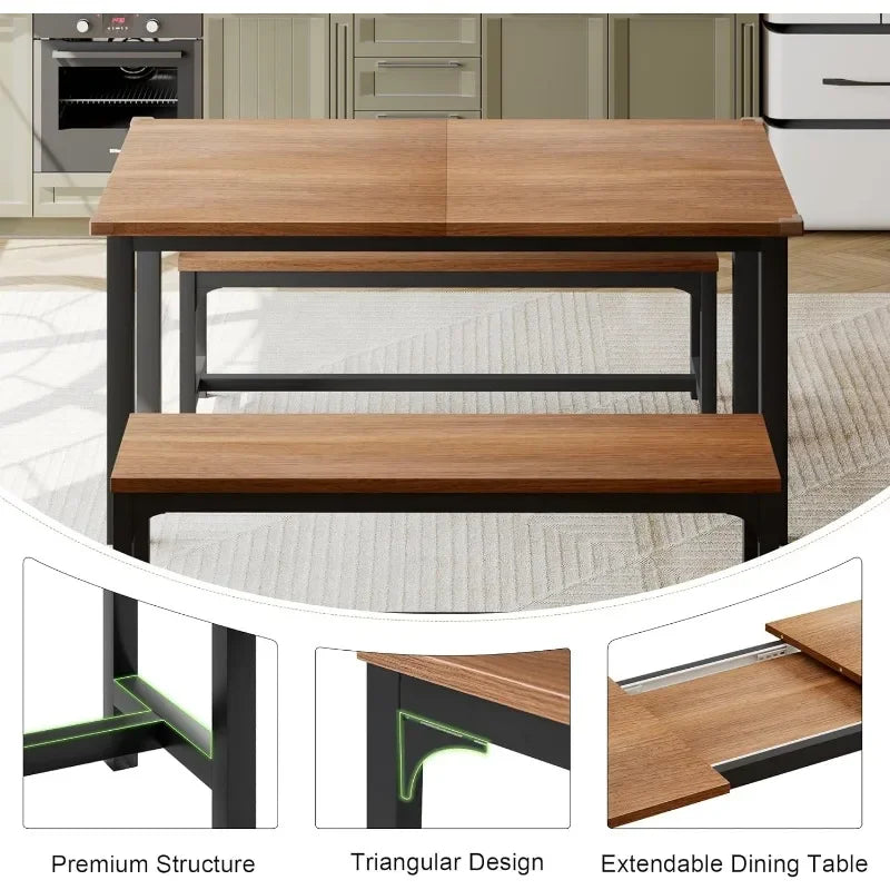 63" Extendable Dining Room Table Set for 4, Modern Dining Table with 2 Benches, 3 Pcs Black Kitchen Table for Small Space, Easy