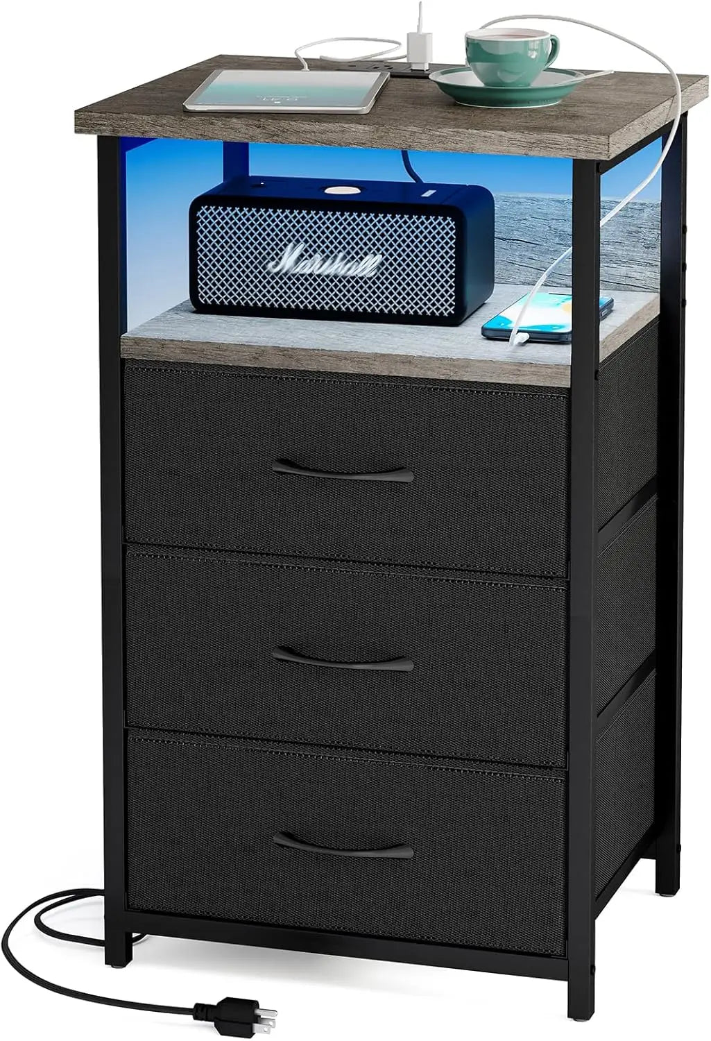Tall Nightstand with Charging Station and LED Lights, Night Stand with PU Finish Fabric Storage Drawers,3 Drawers