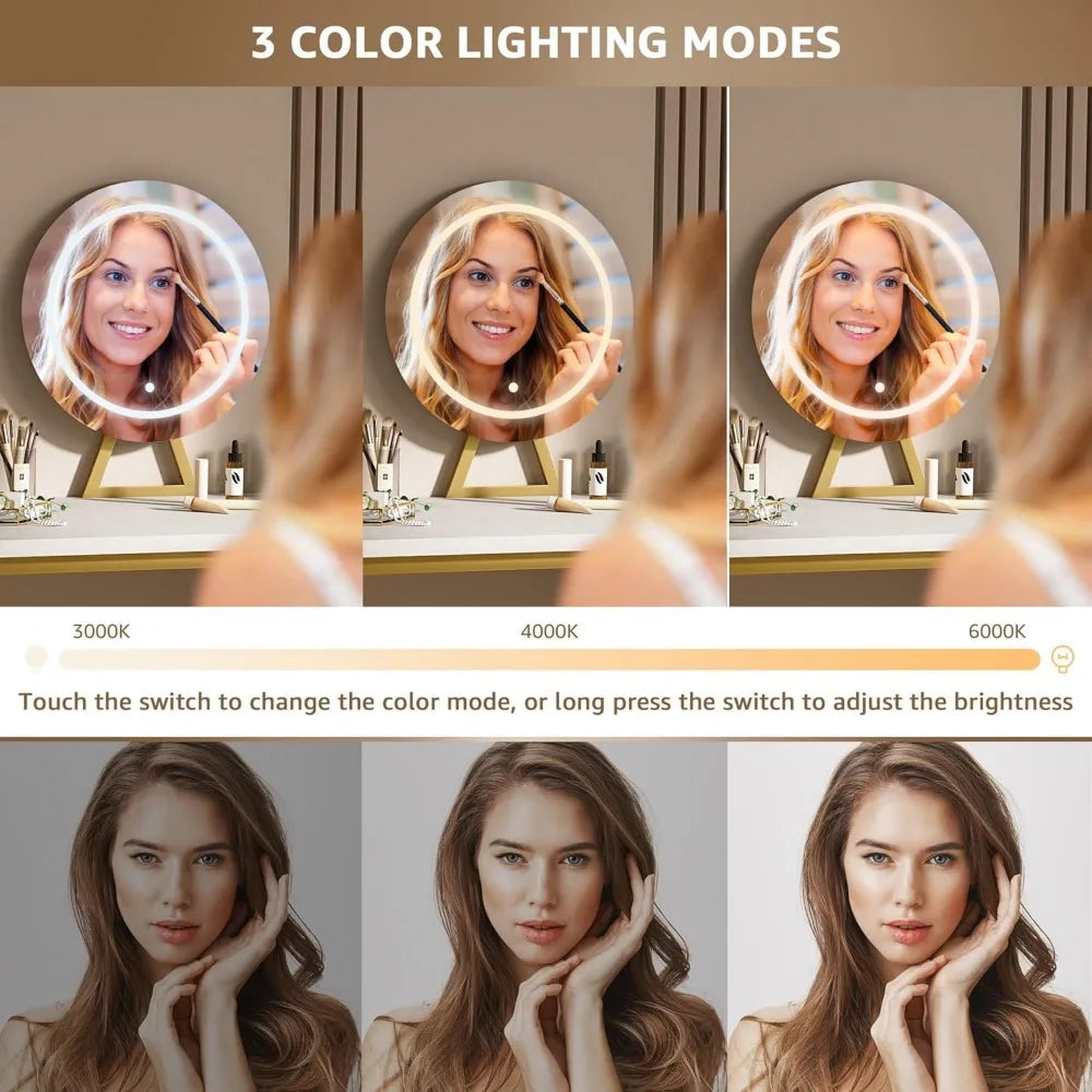 White Makeup Vanity Desk with Lights - 40“ Vanitys with Lighted Mirror & Power Outlet,with Chair, for Girls Bedroom, Gold