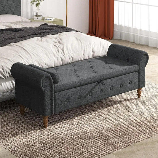 Linen Upholstered Storage Bench, 63" End of Bed Storage Ottoman Bench with Rolled Arms for Bedroom