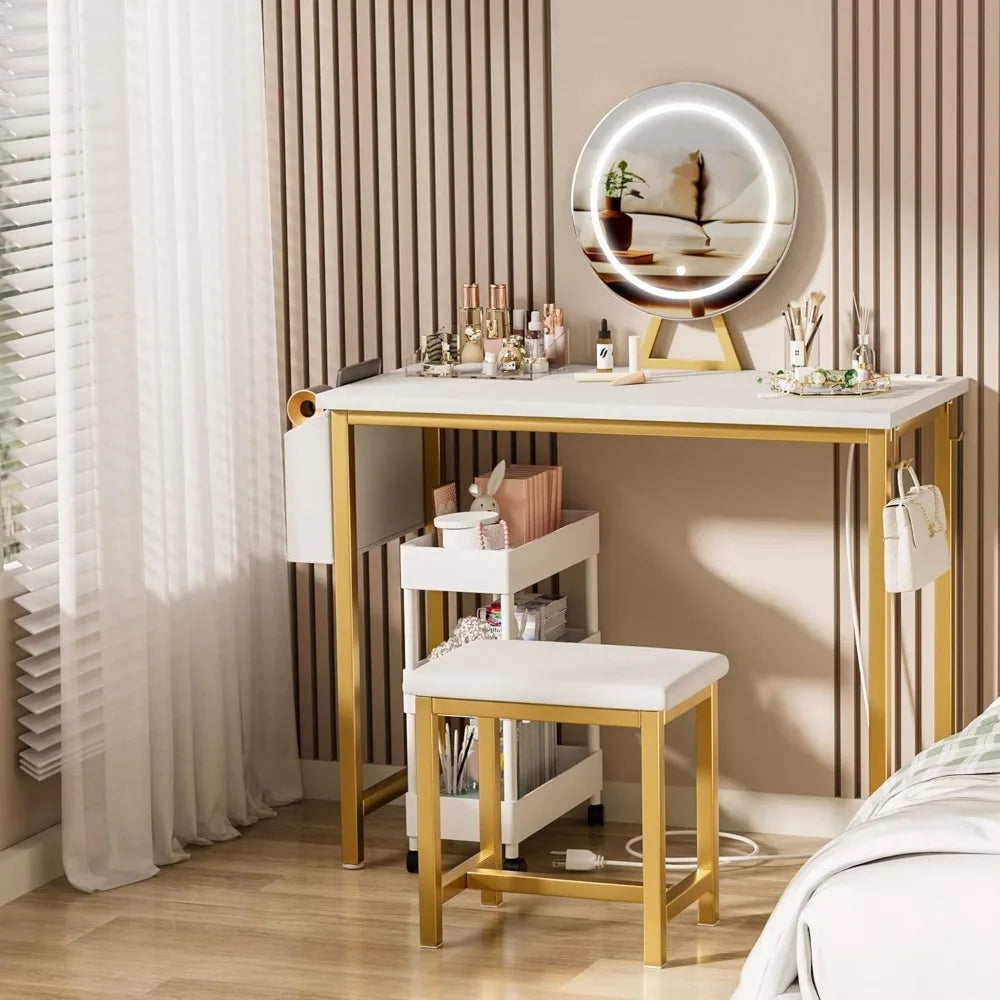 White Makeup Vanity Desk with Lights - 40“ Vanitys with Lighted Mirror & Power Outlet,with Chair, for Girls Bedroom, Gold