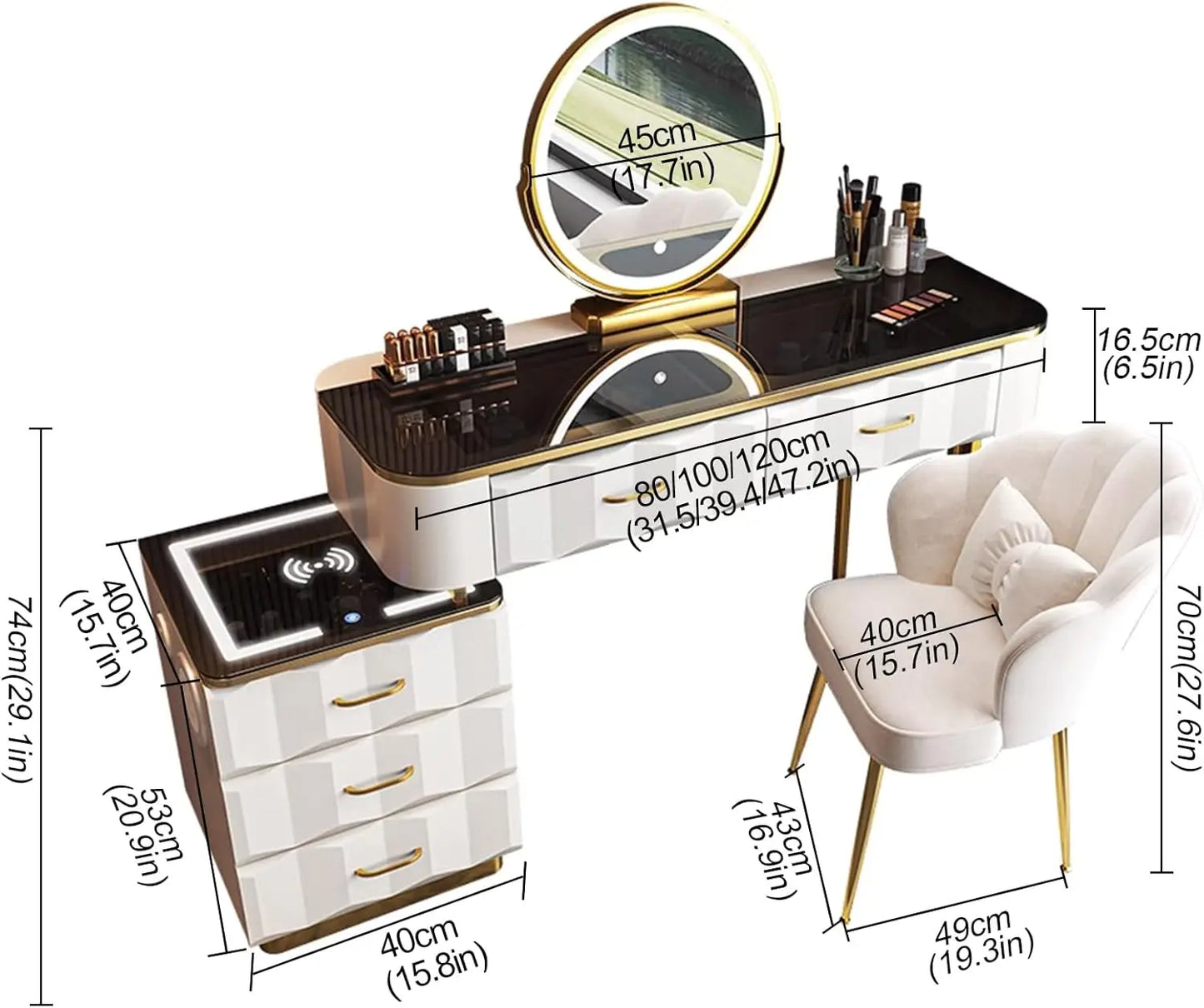 Makeup Vanity Set with Wireless Charging Station, Dressing Table with Mirror & Lights, Vanity Desk with Storage Cabinet & Chair