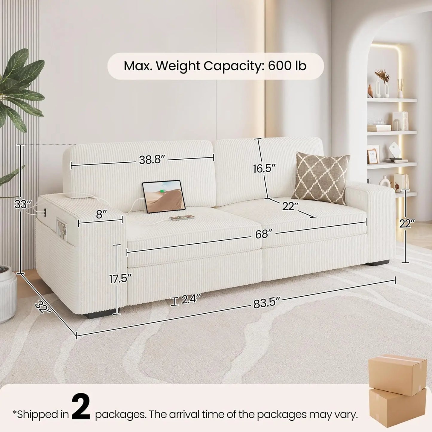 83.5" W Modern Sofa Couch 2 Seater Corduroy Fabric Sofa for Living Room Apartment, Ivory