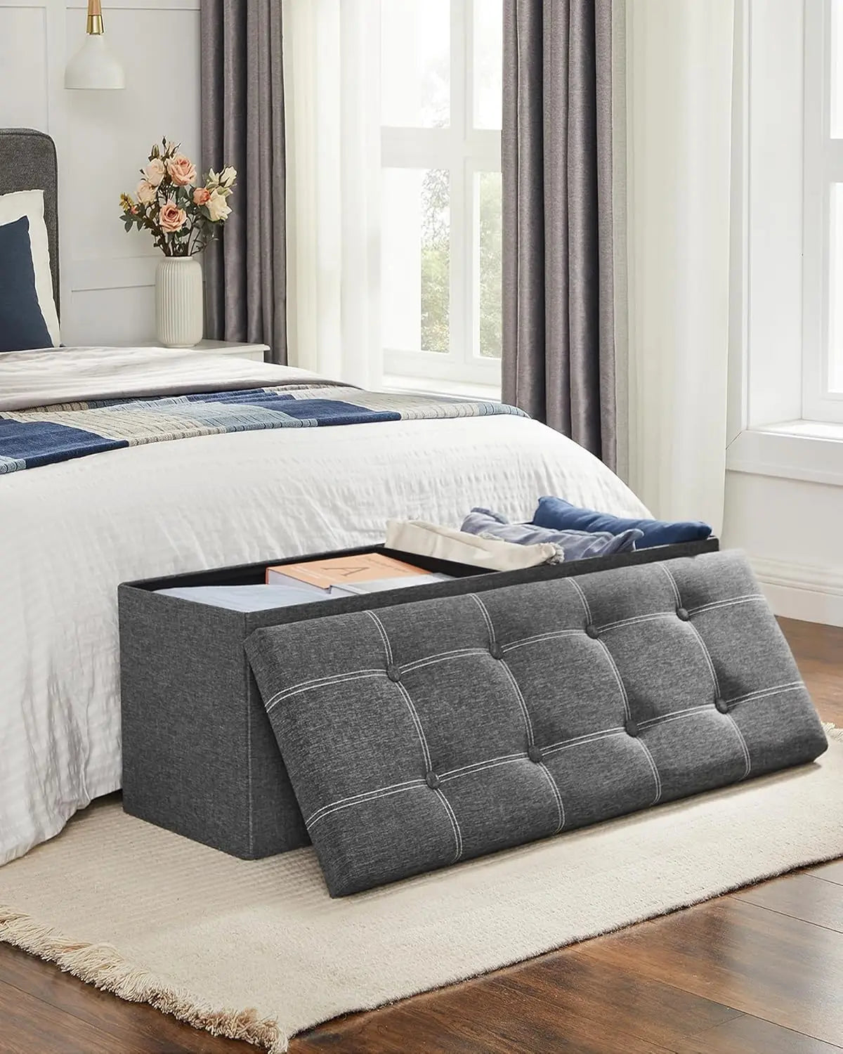 Ottoman Storage Bench, 35 Gal. Folding Chest with Breathable Linen-Look Fabric, Holds 660 lb, for Entryway, Living Room, Bedroom
